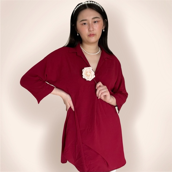 Vintage wine red collared long sleeve blouse. - Picture 3 of 4